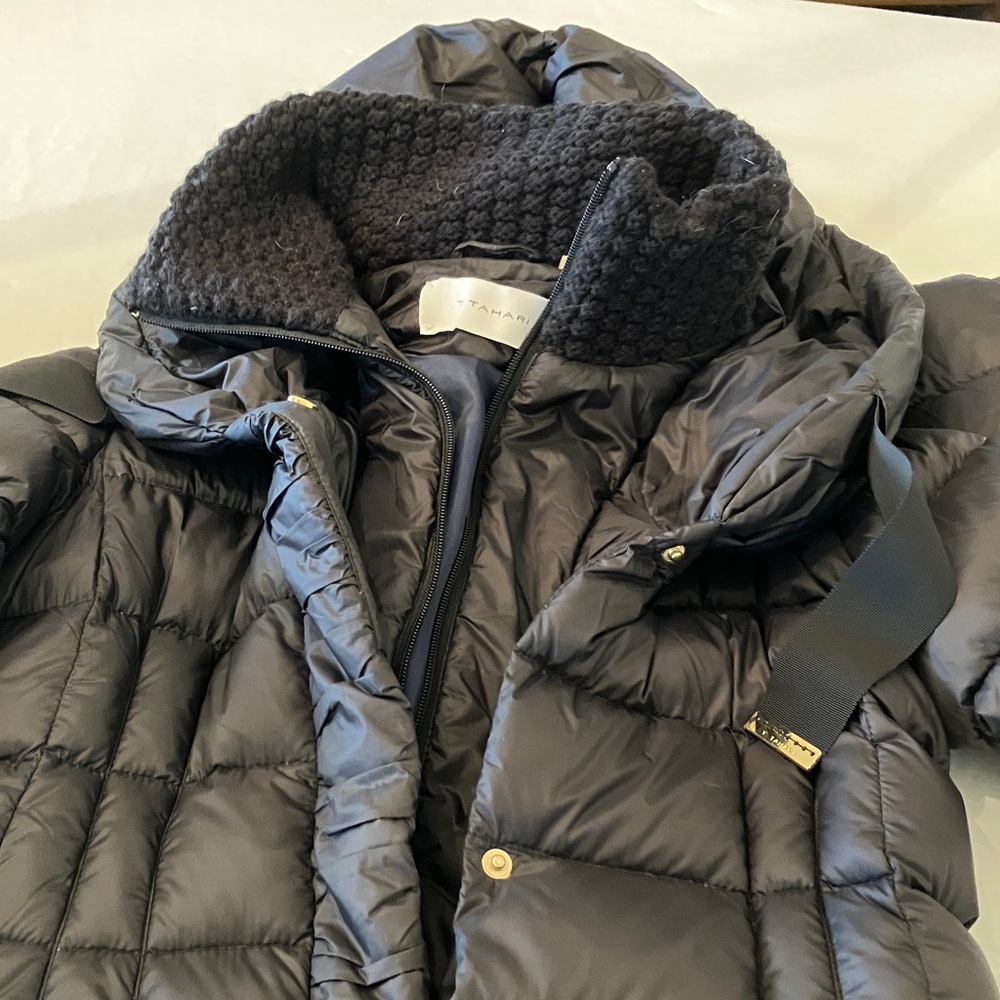 Tahari Black Puffer Coat with Textured Collar